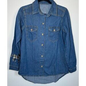 Equestriess Atelier Denim‎ Shirt Womens Small Blue Western Horse Plaid Patch